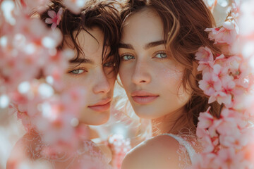 Attractive beauty couple woman in dress posing in blooming sakura park. Close up portrait of young girlfriends with pink cherry flowers