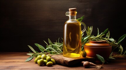 A glass bottle of olive oil on a wooden table with branches and olives.