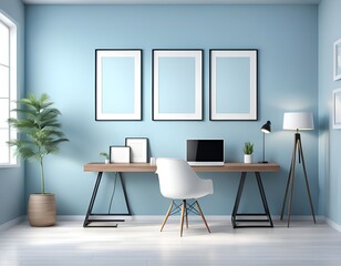 blue home office with frames on wall, home office mockup
