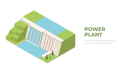 Isometric hydroelectric power station composition with isolated view of derivational unit vector illustration. Water power plant concept. Dam on transparent background.