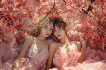 Attractive beauty couple woman in dress posing in blooming sakura park. Close up portrait of young girlfriends with pink cherry flowers