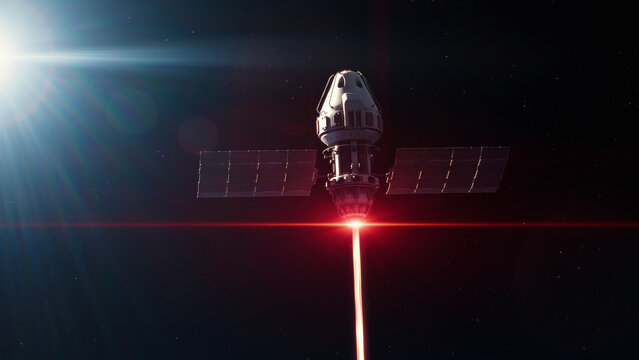 3D graphics of the satellite attacking space object with laser weapon in outer space. Political and geopolitical rivalry between America and Russia in cosmos. Threat of nuclear aggression and war.