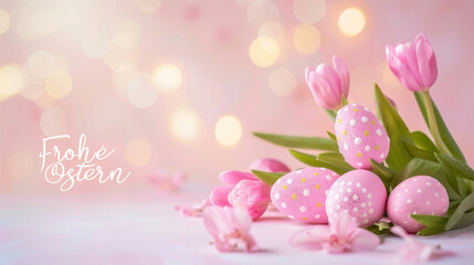 A festive Easter image featuring pink tulips, decorated eggs, and 'Frohe Ostern' text, perfect for the holiday mood