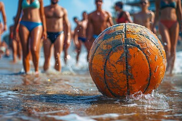 An old, weathered beach volleyball sits on the shore with a group of friends in swimwear blurred in the background, enjoying a sunny day at the beach. 