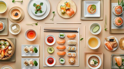 various Asian delicacies, arranged meticulously with negative space for added aesthetic appeal.