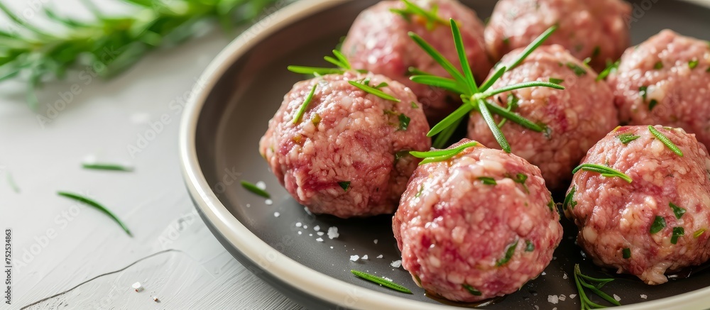 Wall mural delicious plate of homemade meatballs with various fresh herbs and spices, perfect italian cuisine c