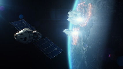 3D animation of satellite attacking Earth planet with laser weapon from the outer space. Destruction in cosmos from nuclear weapons. Geopolitical rivalry. Space threat of nuclear aggression and war.
