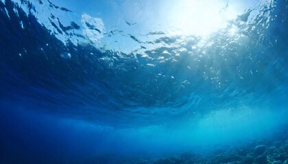 Fototapeta na wymiar Blue ocean water background at depth, view from the water.