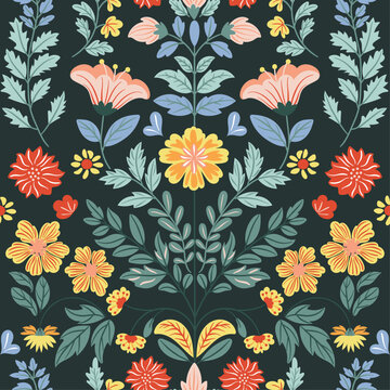 
Seamless pattern with folk art design elements. Folk vector illustration with flowers on a dark background. Scandinavian traditional motif