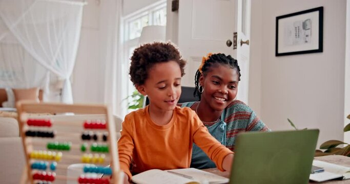 Mother, child and online education on laptop learning for virtual school with abacus for counting, math or notebook. Woman, son and home teaching for student development or study, support or helping