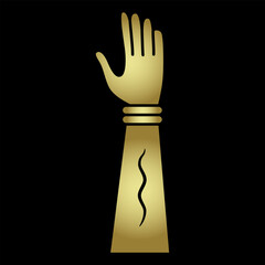 Raised up human hand with open palm. Arm symbol. Golden glossy silhouette on black background.