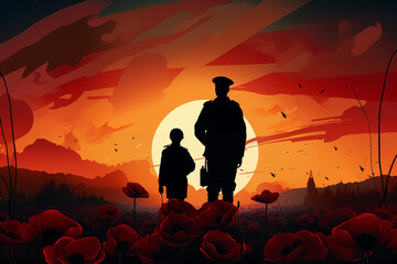 Silhouette of a military soldier with a child standing in a field of poppies. Day of Remembrance