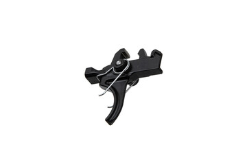 Shock trigger for gun isolate on white back. Gun trigger. Repair spare part.
