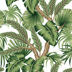 Tropical vintage palm leaves, tree floral seamless pattern white background. Exotic jungle wallpaper. - 752536058