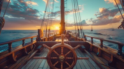 Fototapeta premium the ship's wheel of a pirate sailing vessel, gazing upon the expansive deck and vast open sea under the warm glow of a sunny day.
