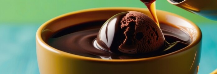 Luxurious and tempting process of pouring rich and creamy chocolate into cup with ice cream, coffee. For advertising, banner, relaxation, menu, dessert, culinary or cafe themed content. Copy space.