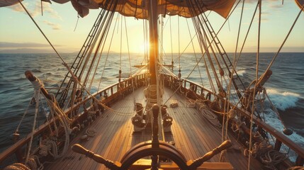 the ship's wheel of a pirate sailing vessel, gazing upon the expansive deck and vast open sea under...