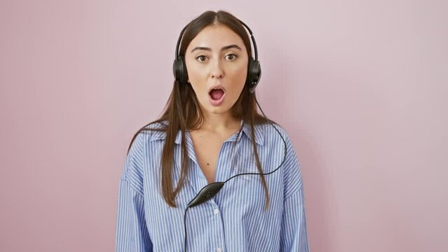 Stunning brunette hispanic woman, fearfully amazed and excited, shocked expression on face over pink isolated background - surprised listening through headset