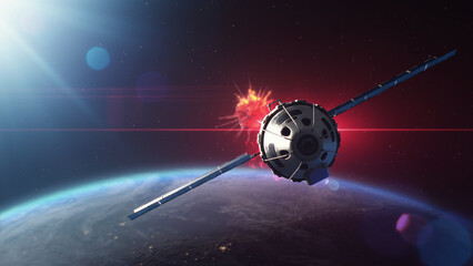 3D VFX graphics of satellite attacking another satellite with laser weapon in space on Earth planet orbit. Nuclear war and armed aggression. Escalation of geopolitical rivalry and arms race in cosmos. © Framestock