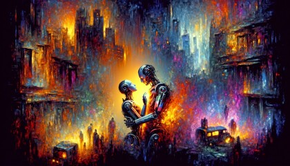 Robots Embracing in a Colorful Expressionist Cityscape