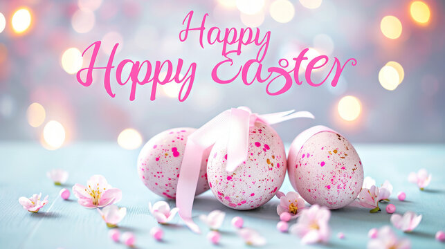 Festive Easter image featuring decorated eggs and delicate pink blossoms with a joyful Happy Easter message in playful script