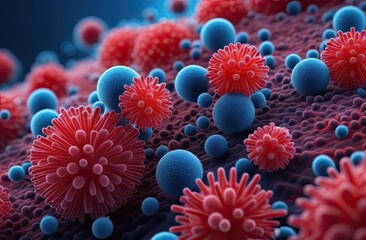 Viruses and bacteria abstract background. Cells and viruses under laboratory microscope. Virus background with disease cells.