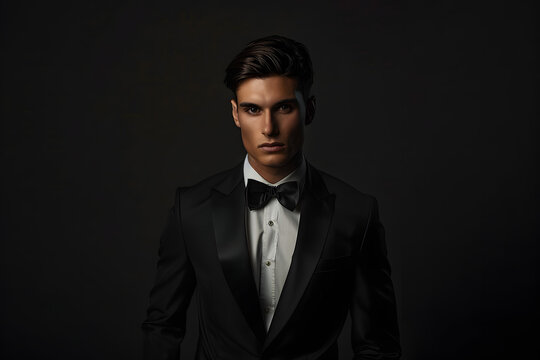 male model in a tuxedo, isolated on a sophisticated black background, exuding elegance and style