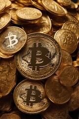 Bitcoin in the center on top of a pile of gold coins.