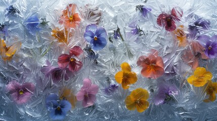 Generative AI, fresh wildflowers in the ice, background or banner with copy space	
