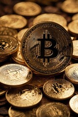 Bitcoin in the center on top of a pile of gold coins.