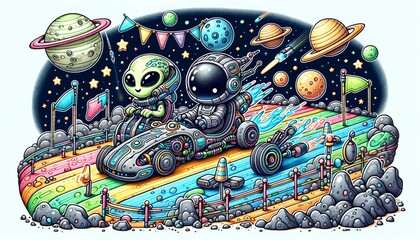Alien and Robot Racing in Space with Planets