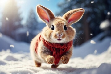 Happy Cute Rabbit: jumping in the snow on a spring morning