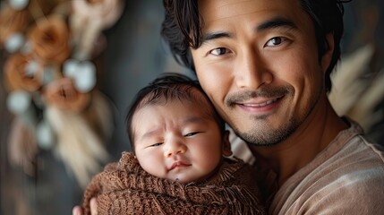 Portrait of an Asian father holding his newborn.