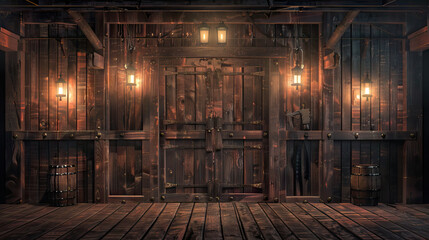 Wild West Saloon Stage: Old West with this rustic stage, featuring swinging doors, weathered wood paneling, and flickering oil lamps, evoking the ambiance of a frontier saloon straight out of a cowboy - obrazy, fototapety, plakaty