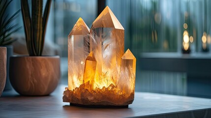 Orange quartz crystal, decorating the interior of a house. - obrazy, fototapety, plakaty