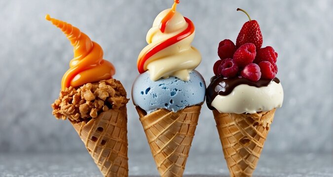 Animate a picture of a cone ice cream topped with various ingredients. Make the toppings fall onto the ice cream one by one, creating a delightful and visually appealing avalanche -AI Generative