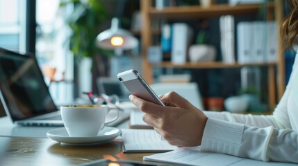 Freelance Woman Working from Home, Using Mobile Phone and Laptop. Young Businessman Checking Emails, Text Messages, or Banking App in an Office During Break Time. Generative AI.
