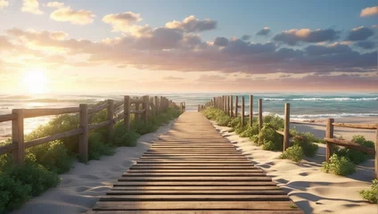 Papier Peint photo autocollant Descente vers la plage Path of neat wooden planks leading to the ocean beach at sunset