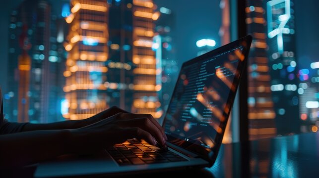 Software Programmer or IT Professional, Making Updates, Improvements, and Fixes to Software, in an Office at Night. Generative AI