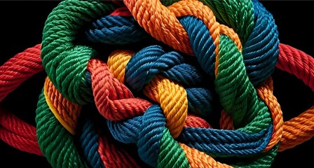 Team rope diverse strength connect partnership together teamwork unity communicate support. Strong diverse network rope team concept integrate braid color background cooperation empower power.  - obrazy, fototapety, plakaty