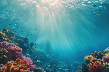 A beautiful underwater scene with a variety of colorful fish swimming around