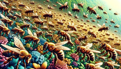 Swarm of Bees Over Colorful Floral Landscape