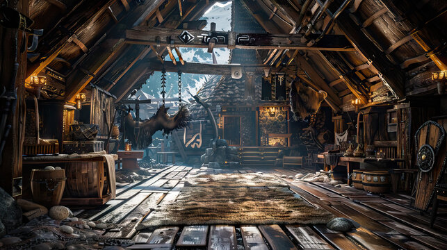 Viking Longhouse Stage: Norse mythology with this rustic stage, featuring wooden beams, fur pelts, and Viking artifacts, capturing the rugged beauty of a Viking longhouse