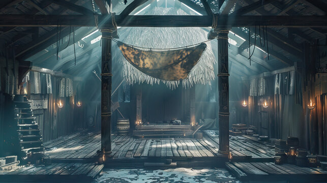 Viking Longhouse Stage: Norse mythology with this rustic stage, featuring wooden beams, fur pelts, and Viking artifacts, capturing the rugged beauty of a Viking longhouse