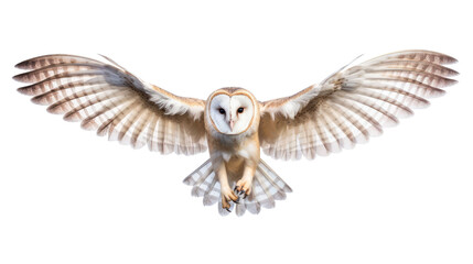 Fototapeta premium Flying Barn Owl isolated on transparent a white background
