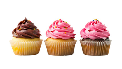 Cupcakes with frosting, chocolate, and strawberry, and sprinkles, on transparent background