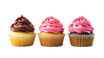 Cupcakes with frosting, chocolate, and strawberry, and sprinkles, on transparent background