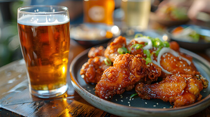 Chimaek chicken and beer, crispy Korean fried chicken paired with a cold beer, a popular combo - obrazy, fototapety, plakaty