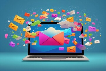 Emails: multicolored envelopes fly from the laptop screen to the cloud, sending an email, the concept of using cloud services
