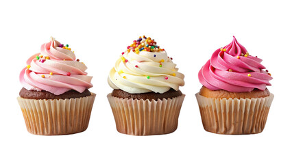 Cupcakes with frosting, vanilla and strawberry, and sprinkles, on transparent background